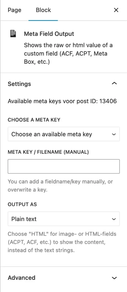 Meta Field Output block -  shows the output of a custom field!