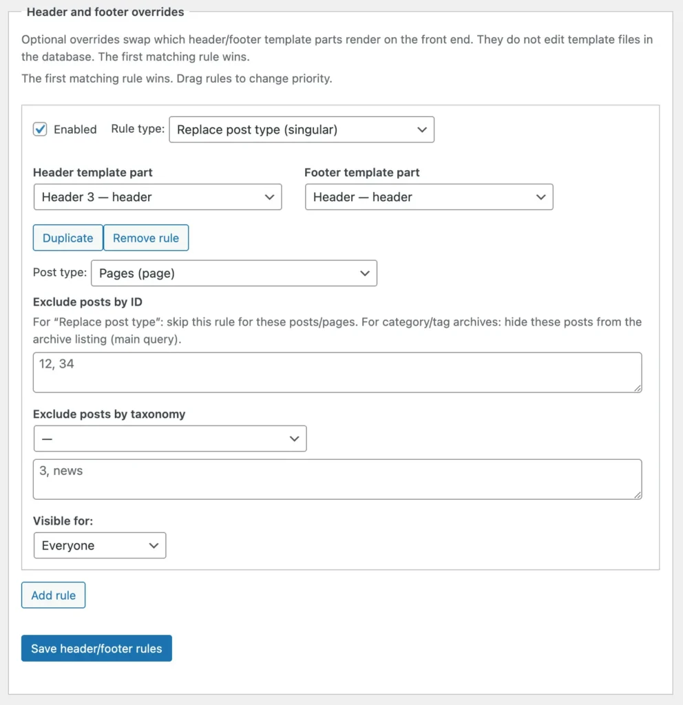 Header and footer overrides—created with the FSE template assigner plugin