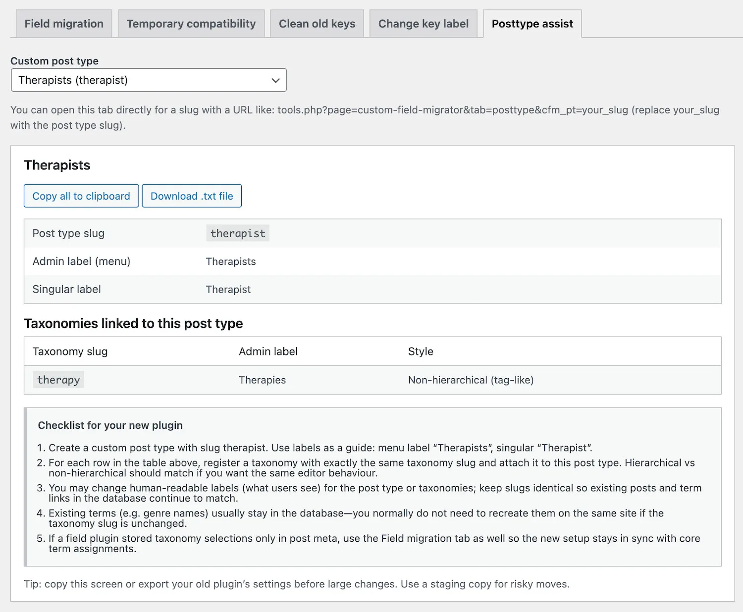 Posttype assist for successful and easy custom post type migration