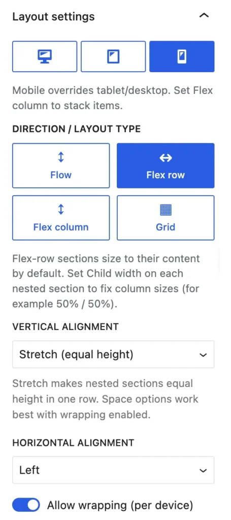 Allow wrapping settings of the Flexible Layout Section block for Gutenberg