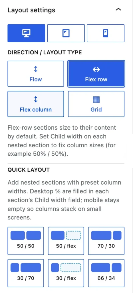 Flexible Layout Section for Gutenberg - Screenshot of the Flex row settings