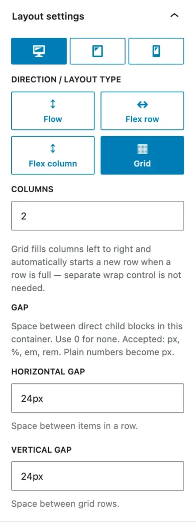 Layout settings screenshot of the Flexible Layout Section for Gutenberg