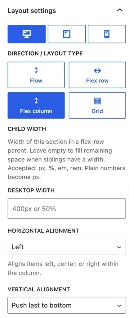 Vertical alignment settings - Flexible Layout Section block for Gutenberg
