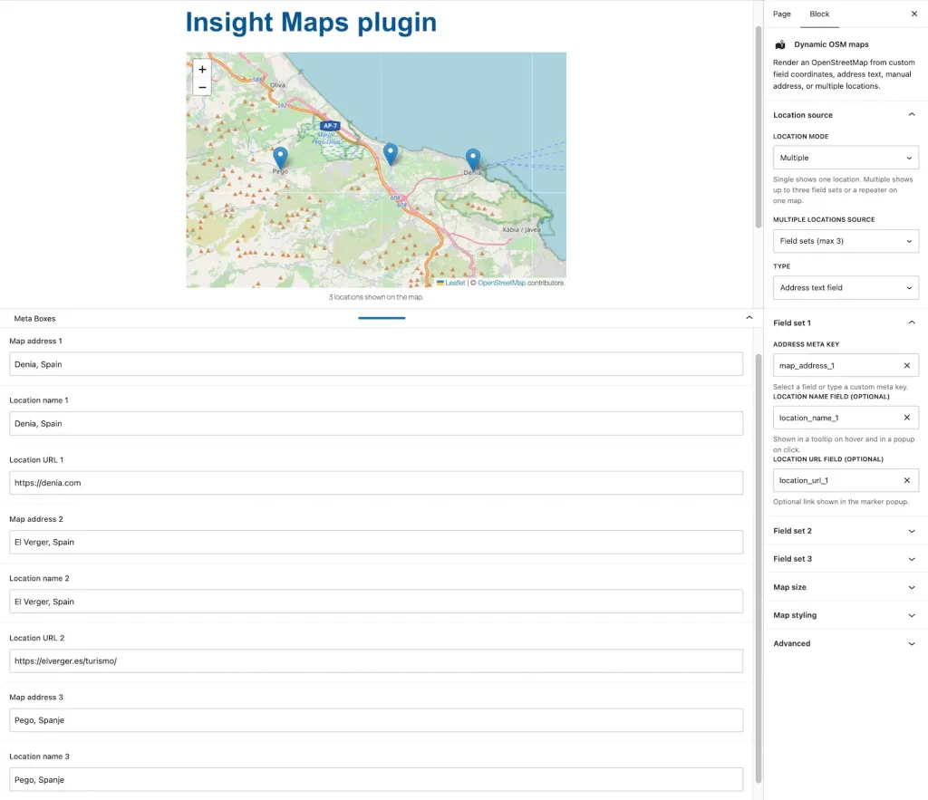 This is how it looks in the front end. A map with three locations and you can (optional) show a popup on hover with the location description and a URL.