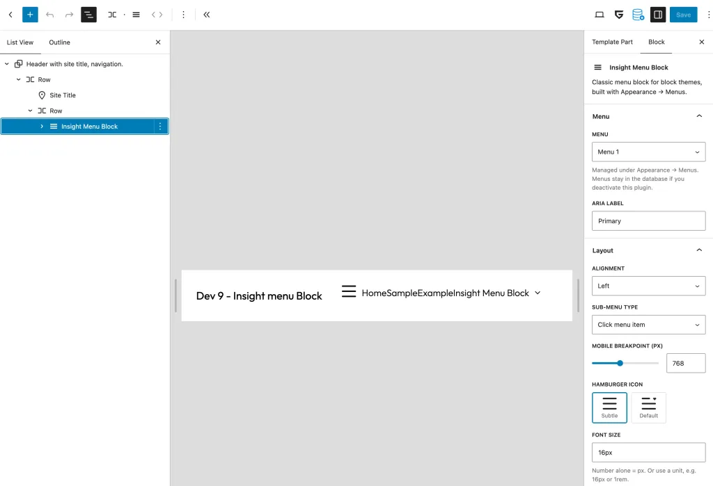 The Insight Menu Block placed in the header of an FSE theme, showing the block settings. This is the free version.