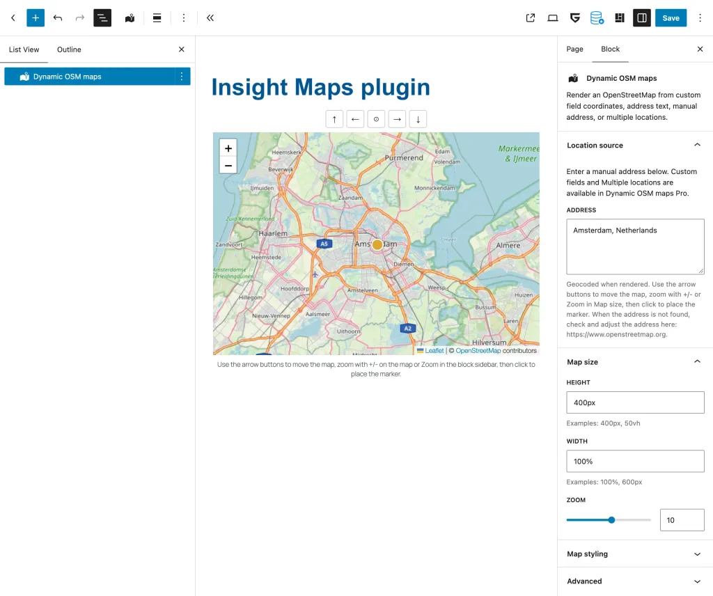 Dynamic OSM Maps plugin—no API—placement on a post and block settings. Places in a few seconds. This is the free version of the Dynamic OSM Maps plugin.