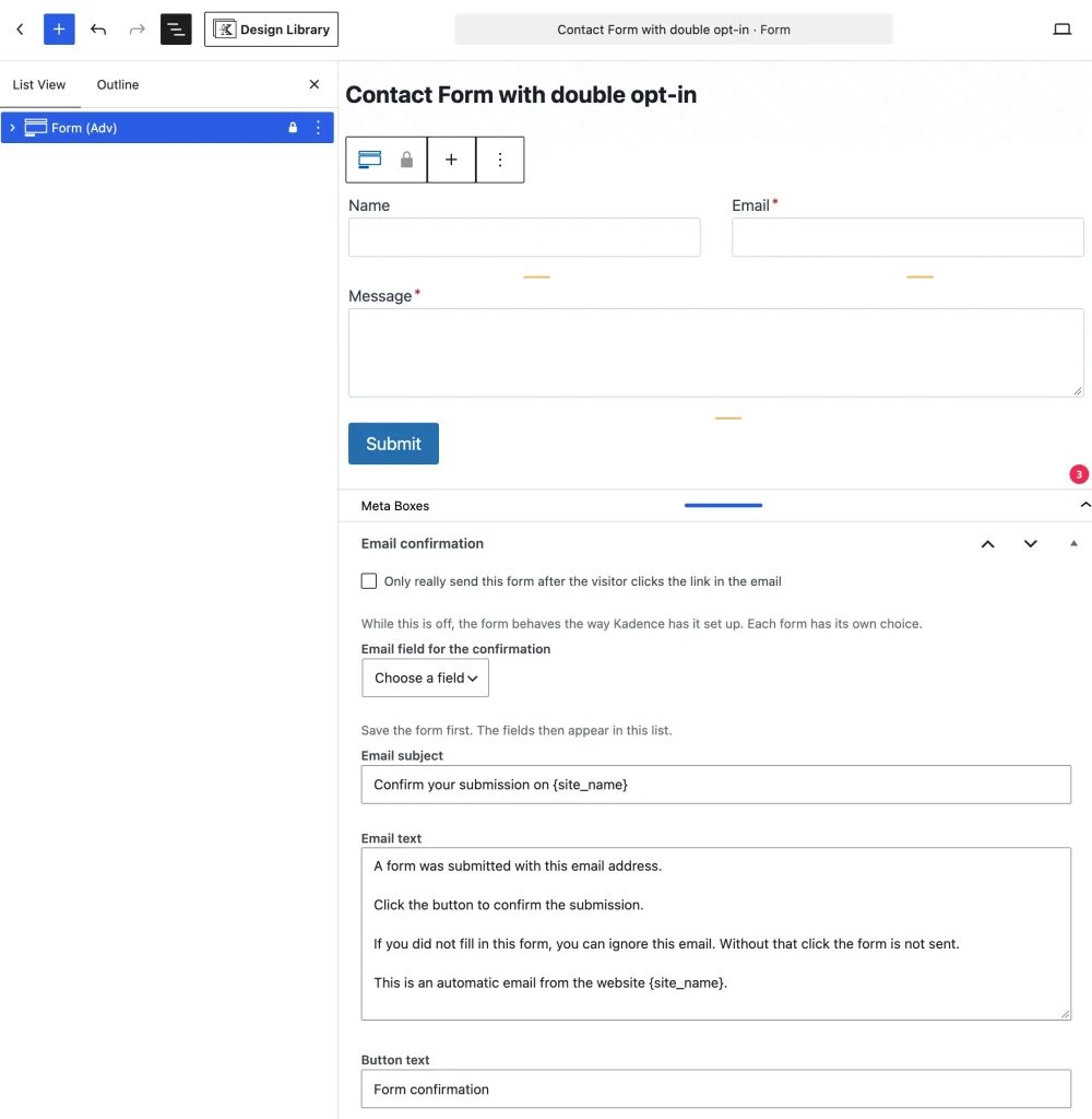 Double opt-in for Kadence forms - screenshot 1