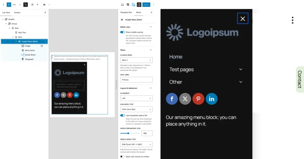 The Insight Menu Block Pro version offers an easy way to customize the mobile menu. It behaves just like a standard container of columns: you can place any block in it. The Pro version also offers side-flyout menus; left to right and right to left.