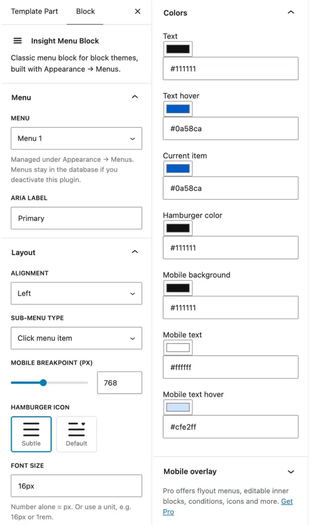 Insight Menu Block (plugin) settings - a complete overview of the free version settings.