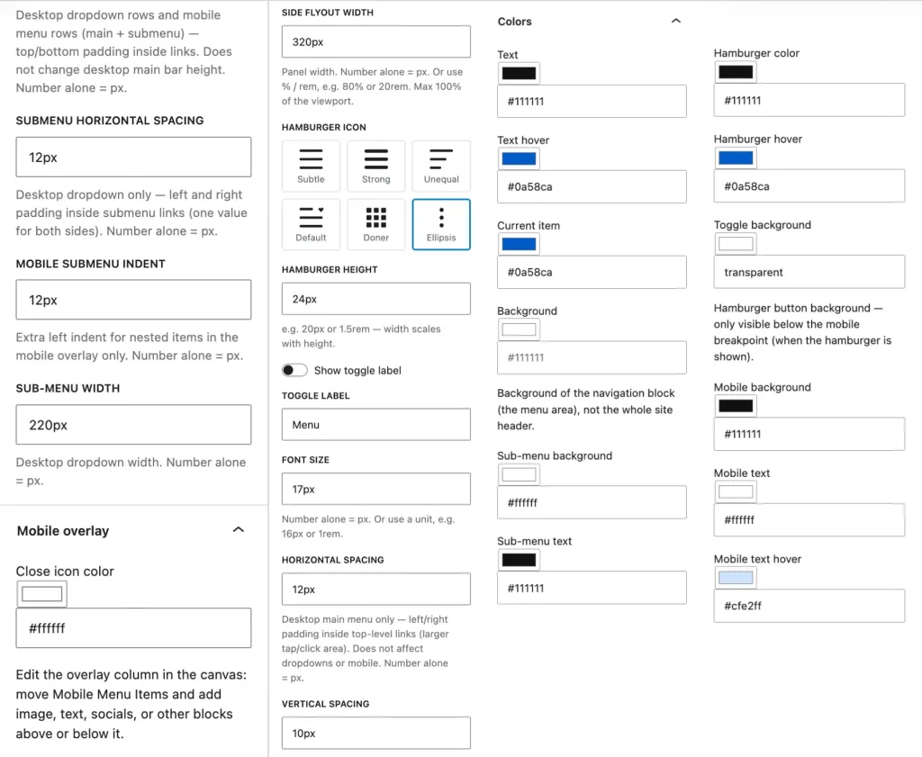 All the settings of the Insight Menu Block Pro version. The free version already offers a lot, but the Pro version can do a lot more.