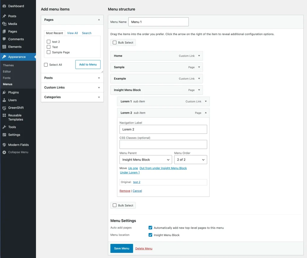 The Insight Menu Block plugin offers you a delightful way of creating and editing menus. It has the exact Classic-style menu-builder most people are used to. The Pro version also has conditional display for every menu-item.