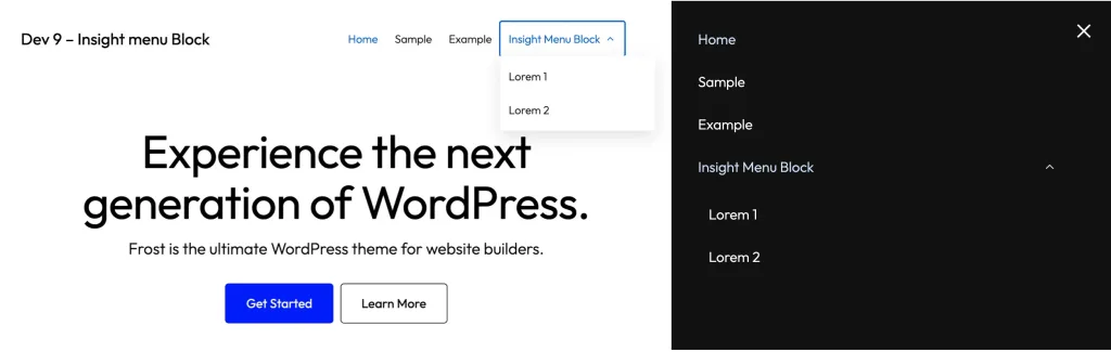This is a preview of how the desktop and mobile menu look frontend. This is the Free version of the Insight Menu block plugin.